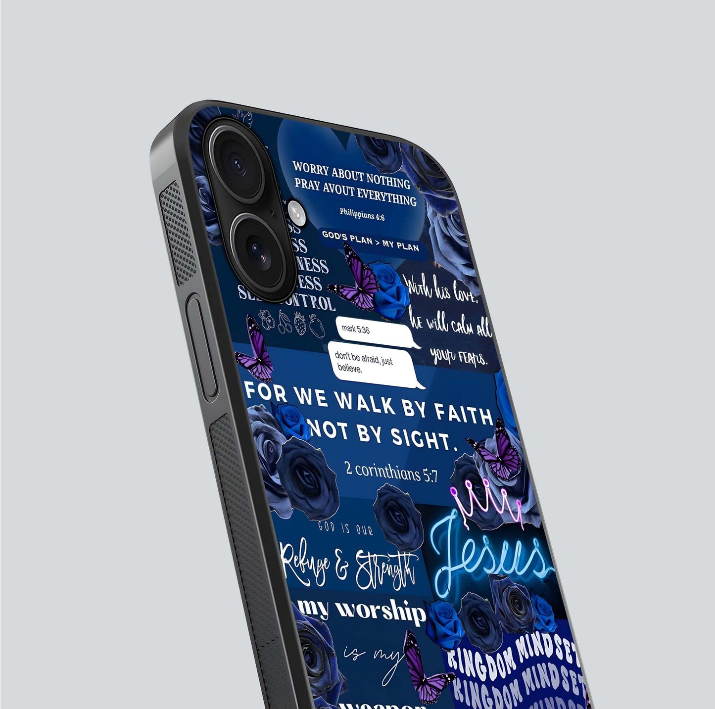 Kingdom Faith Glow Glass Case for iPhone 16 close-up angled shot showing luminous text and divine reflection