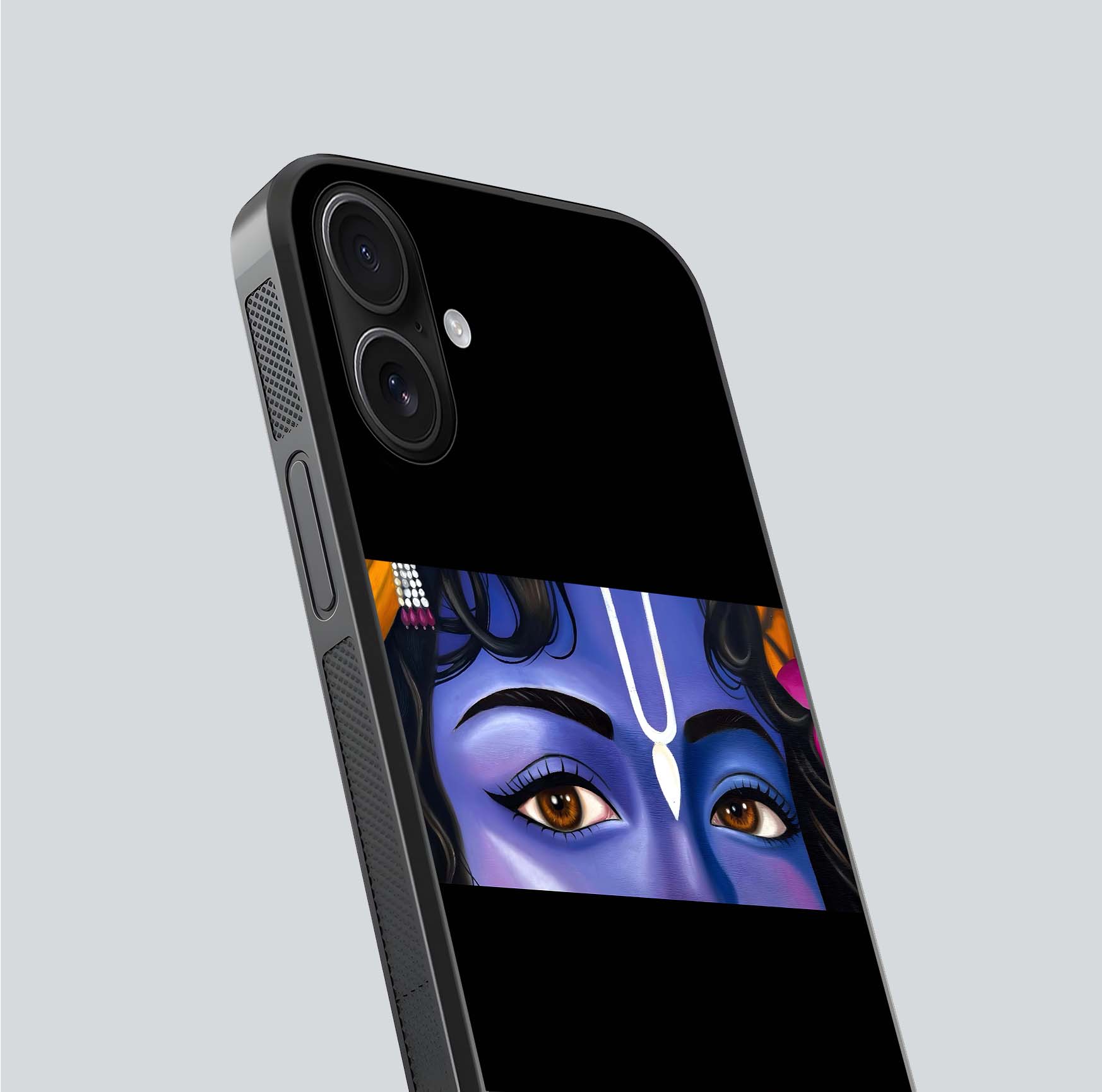 Krishna Eye Glass Case for iPhone 16 close-up angled shot showing intricate artwork and reflection shine