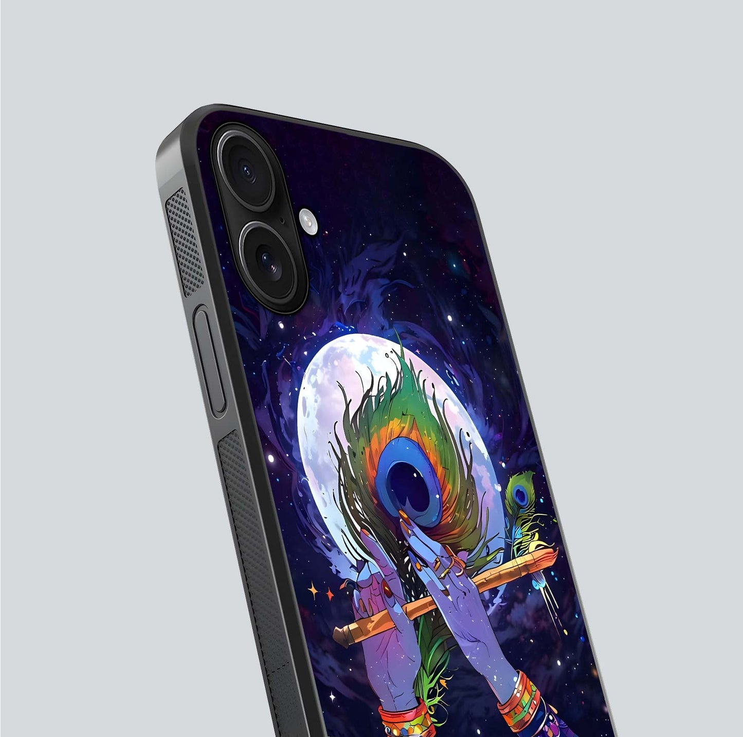 Krishna Hands Art Glass Case for iPhone 16 close-up angled shot showing detailed hand design and shine