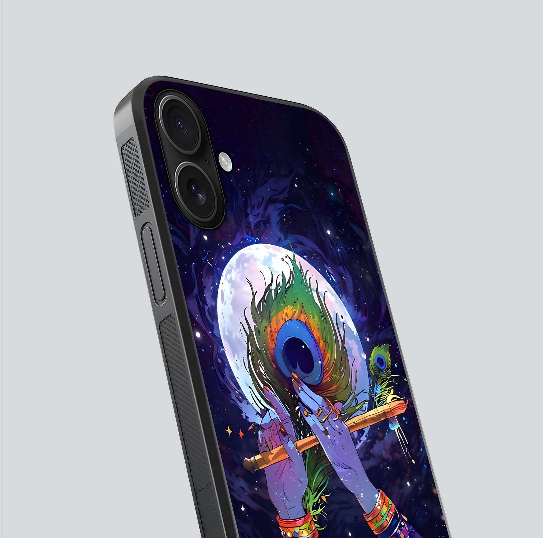 Krishna Hands Art Glass Case for iPhone 16 close-up angled shot showing detailed hand design and shine