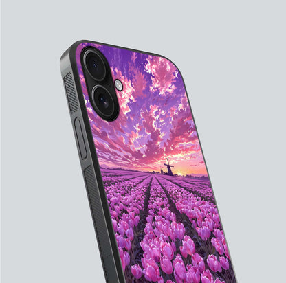 Lavender Dream Skies Glass Case for iPhone 16 close-up angled shot showing purple hues and soft reflection