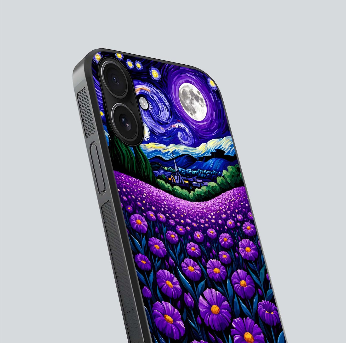 Lavender Moon Field Glass Case for iPhone 16 close-up angled shot showing moon glow and purple detailing