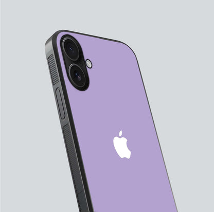 Lavender Soft Minimal Glass Case for iPhone 16 close-up angled shot showing clean color texture and shine