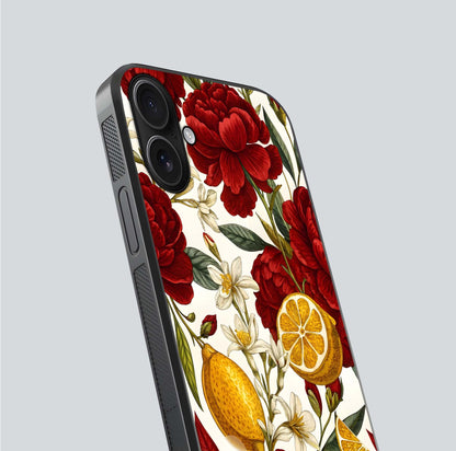 Lemon Rose Charm Glass Case for iPhone 16 angled close-up showing vivid rose details and HD glass reflection