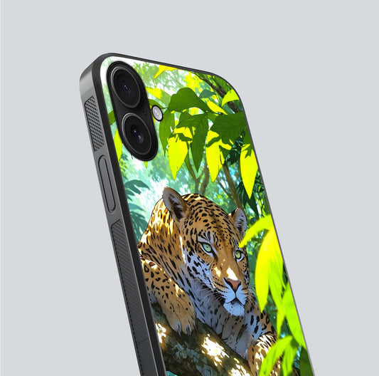 Leopard in Jungle Glass Case for iPhone 16 angled close-up showing fur texture and glossy shine reflection