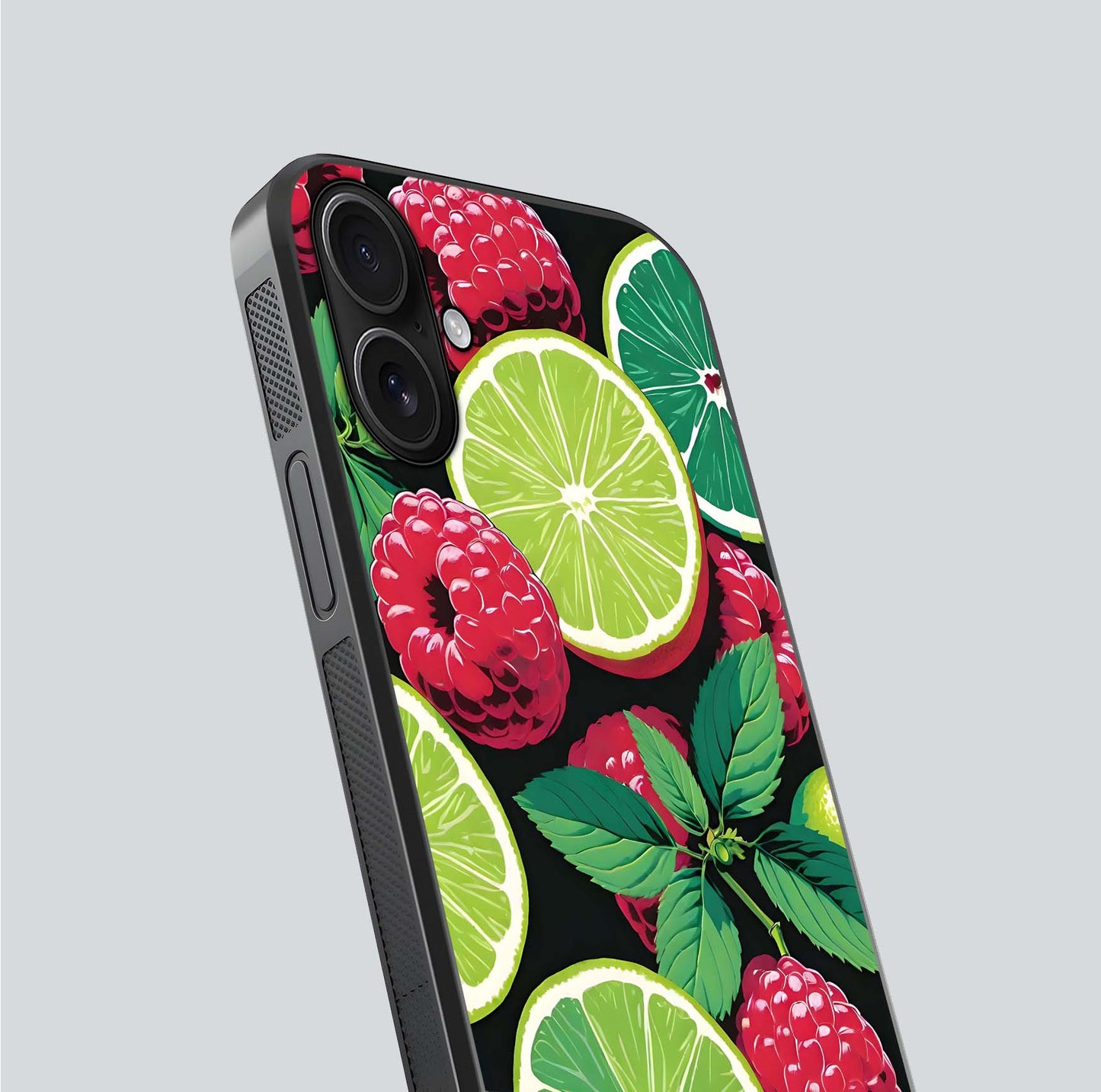 Lime and Raspberry Pattern Glass Case for iPhone 16 angled close-up showing fruit texture and reflection glow