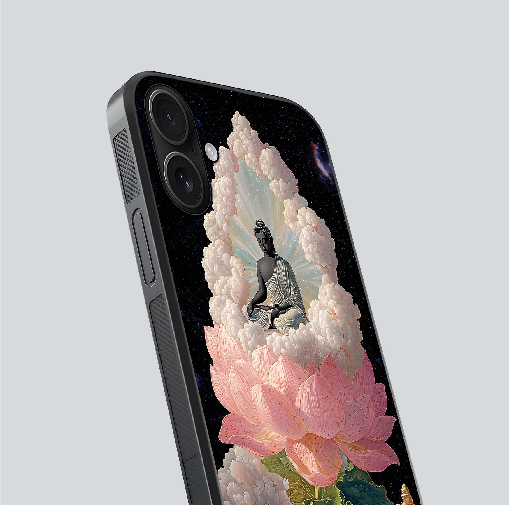 Lotus Divine Peace Glass Case for iPhone 16 angled close-up showing delicate petals and gloss reflection