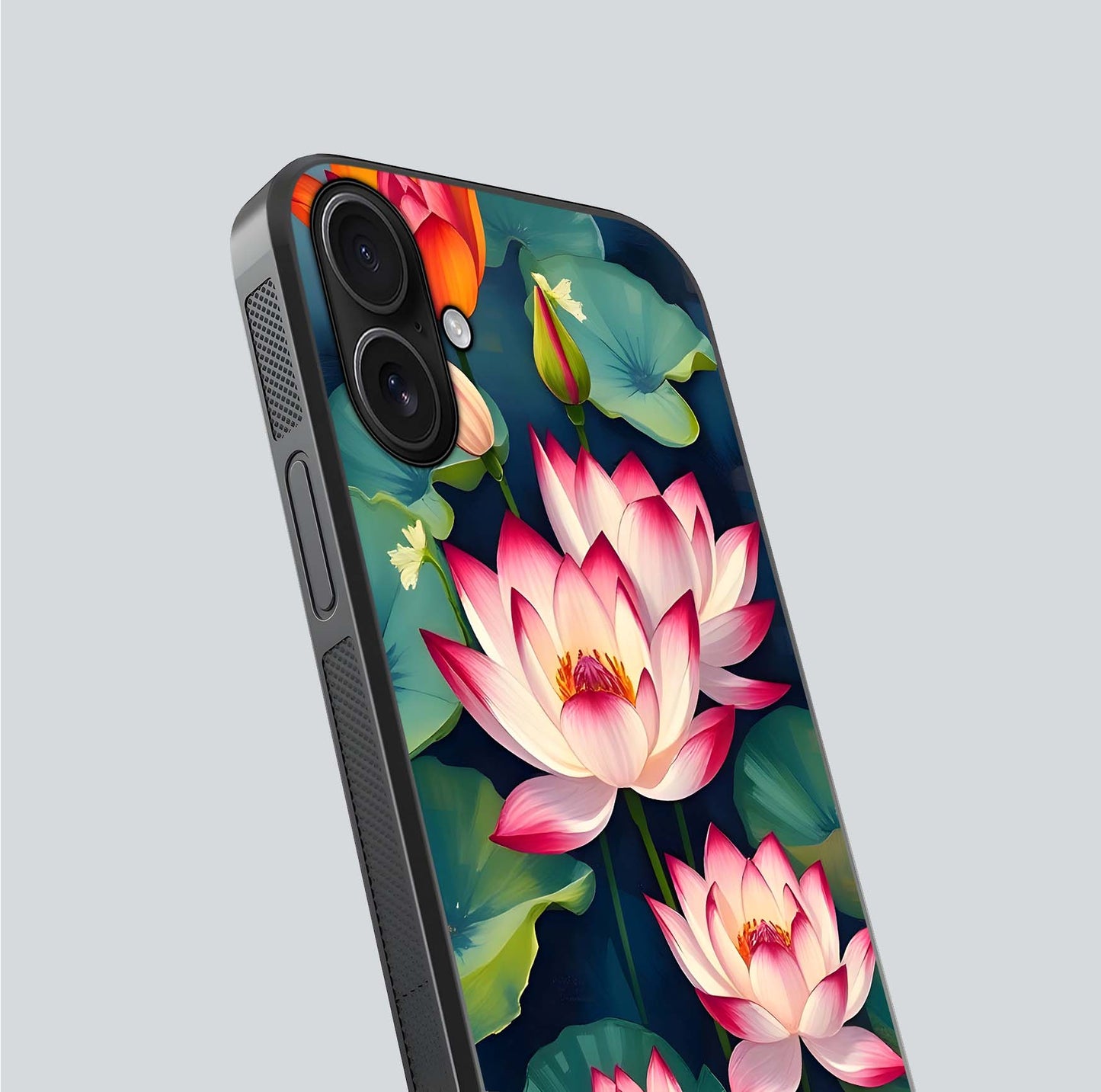 Lotus Dream Serenity Glass Case for iPhone 16 close-up angled shot showing floral details and soft shine