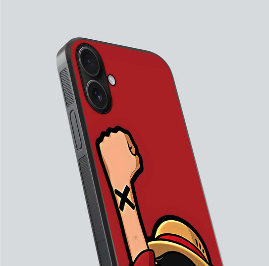 Luffy X Spirit Glass Case for iPhone 16 close-up angled shot showing character detailing and gloss texture