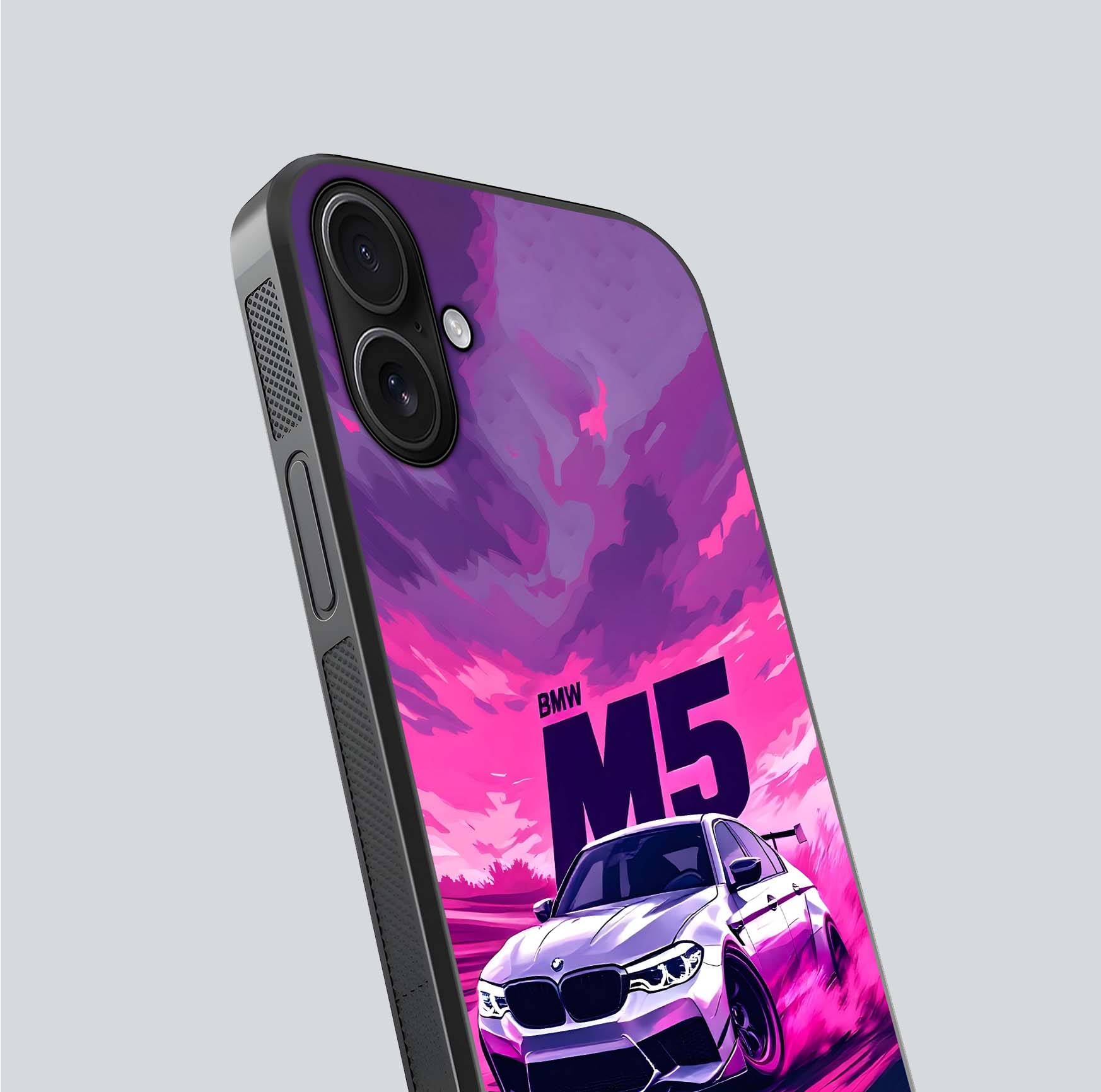 MS Neon Car Glass Case for iPhone 16 close-up angled shot showing vivid neon reflections and shine
