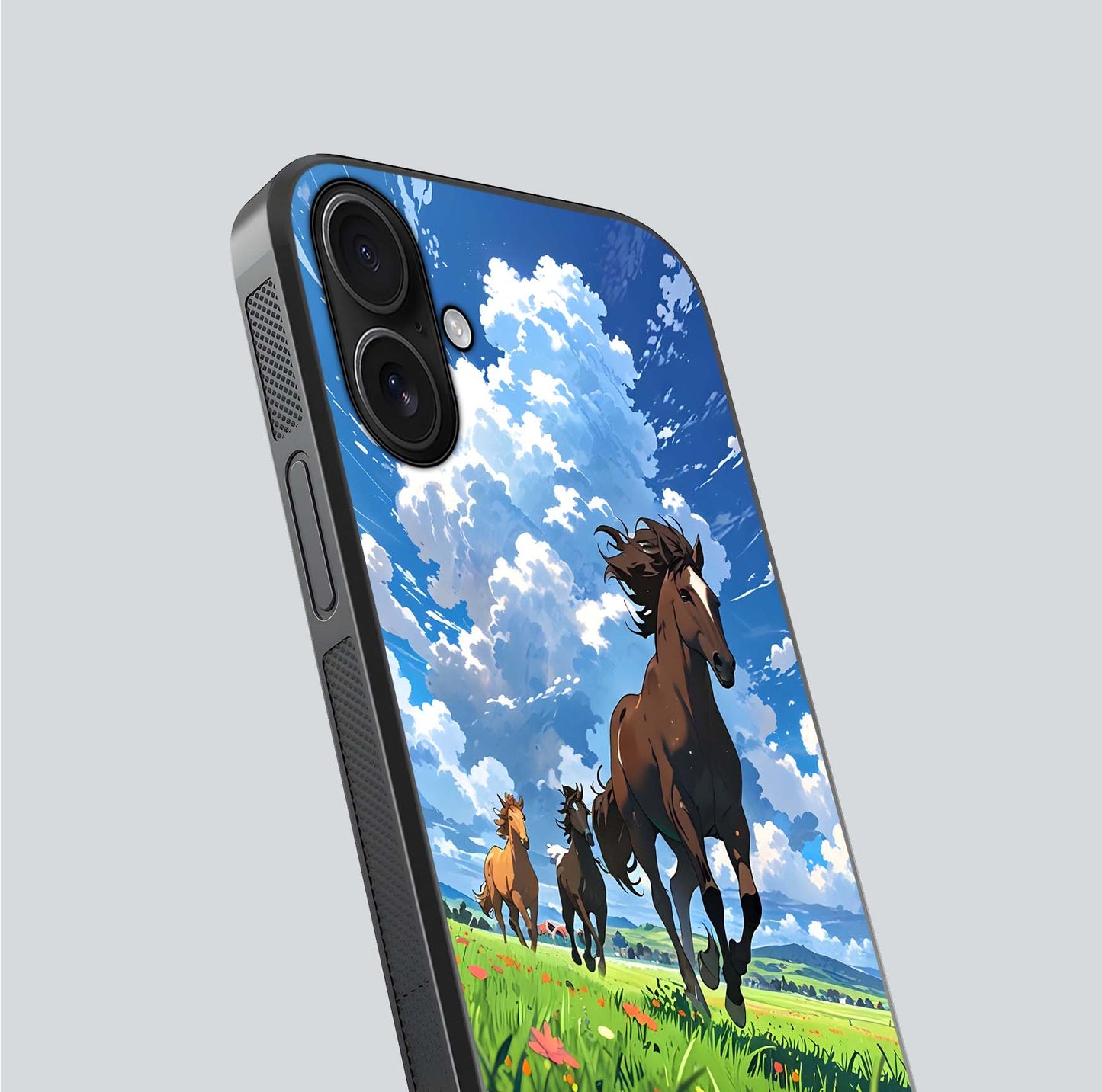Majestic Horses Galloping Glass Case for iPhone 16 close-up angled shot showing horse motion and reflection