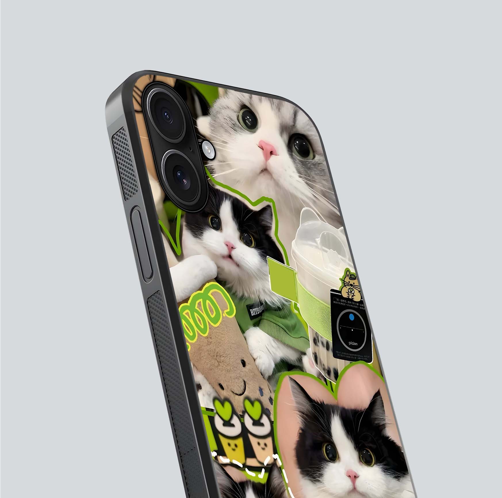 Matcha Cats Mood Glass Case for iPhone 16 close-up angled shot showing adorable cat art and reflection detail