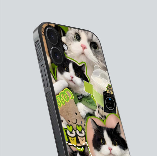 Matcha Cats Mood Glass Case for iPhone 16 close-up angled shot showing adorable cat art and reflection detail