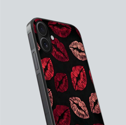 Midnight Kiss Love Glass Case for iPhone 16 close-up angle highlighting red accents and reflection shine