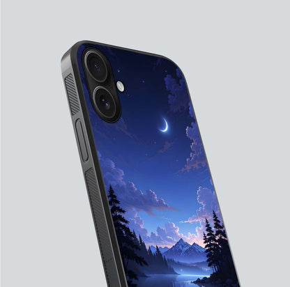 Midnight Lake Peace Glass Case for iPhone 16 close-up angled shot showing blue night tones and reflection