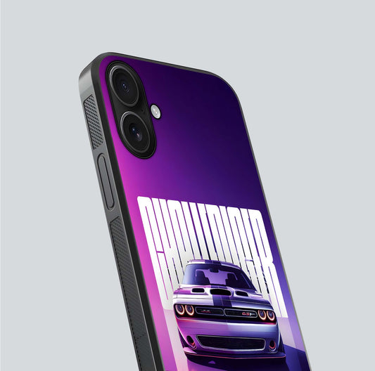 Midnight Muscle Ride Glass Case for iPhone 16 close-up angled shot showing HD reflections and car details