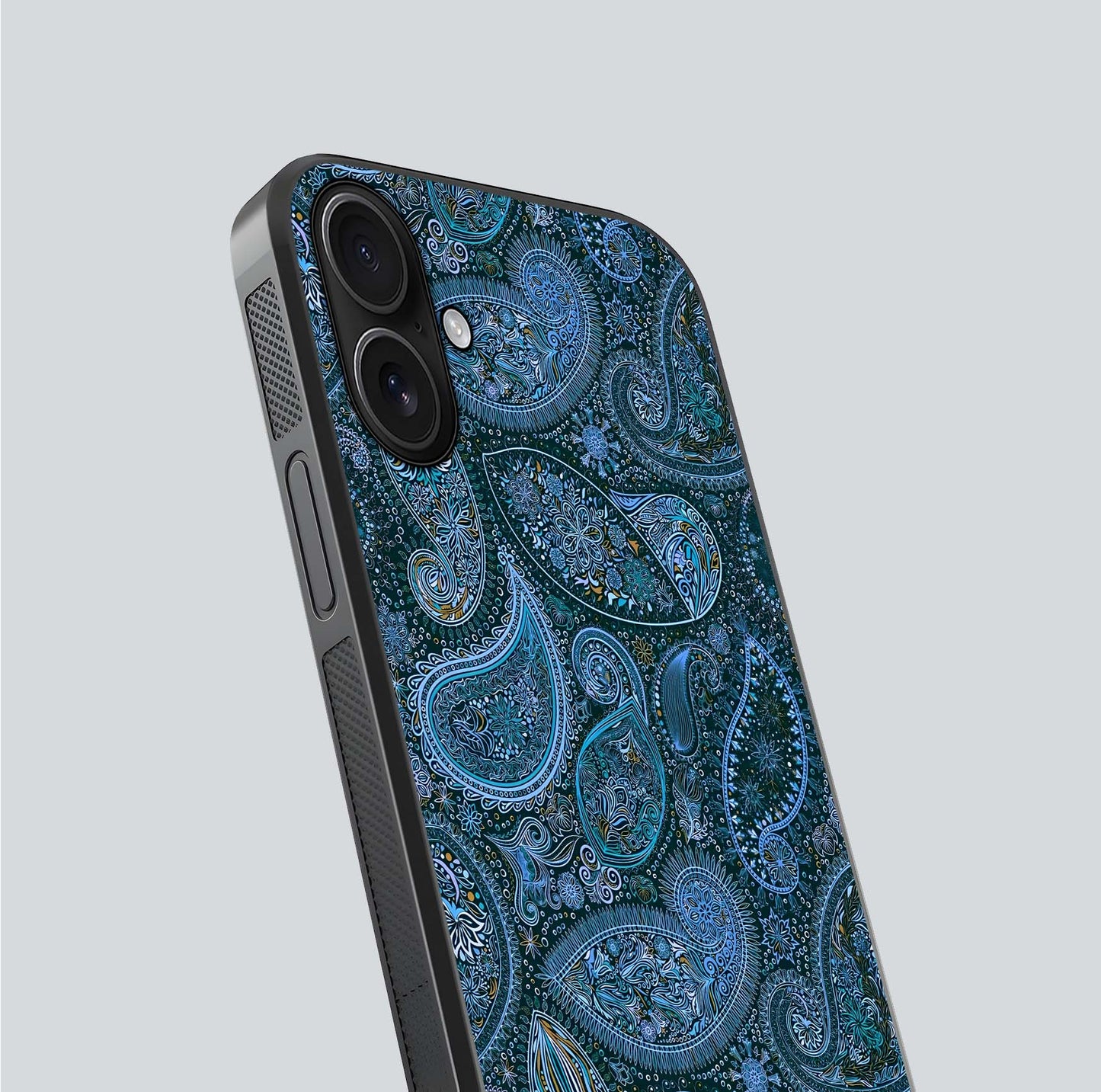 Midnight Paisley Glow Glass Case for iPhone 16 close-up angled shot showing floral details and gloss texture