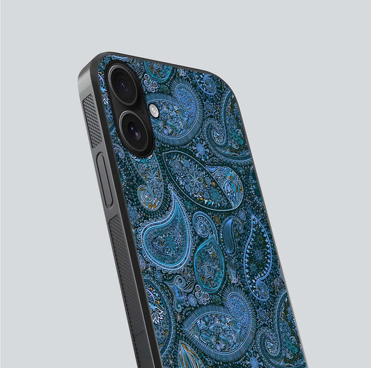 Midnight Paisley Glow Glass Case for iPhone 16 close-up angled shot showing floral details and gloss texture