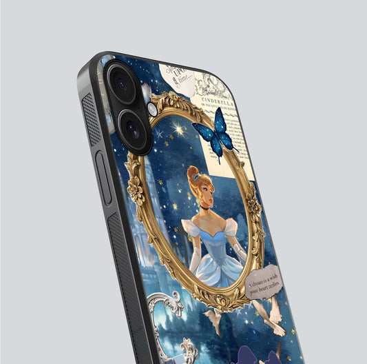 Midnight Queen Glass Case for iPhone 16 close-up angled shot featuring crown motif and gloss reflection