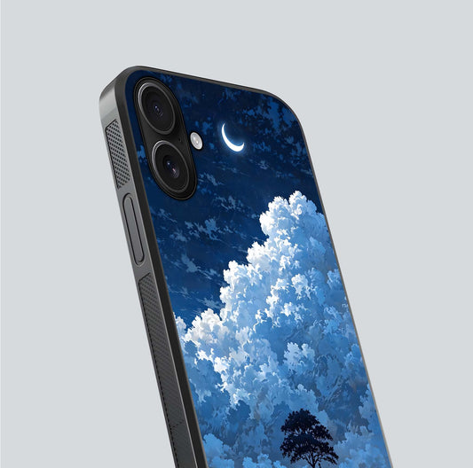 Midnight Sky Serenity Glass Case for iPhone 16 close-up angled shot showing starlit tones and reflection