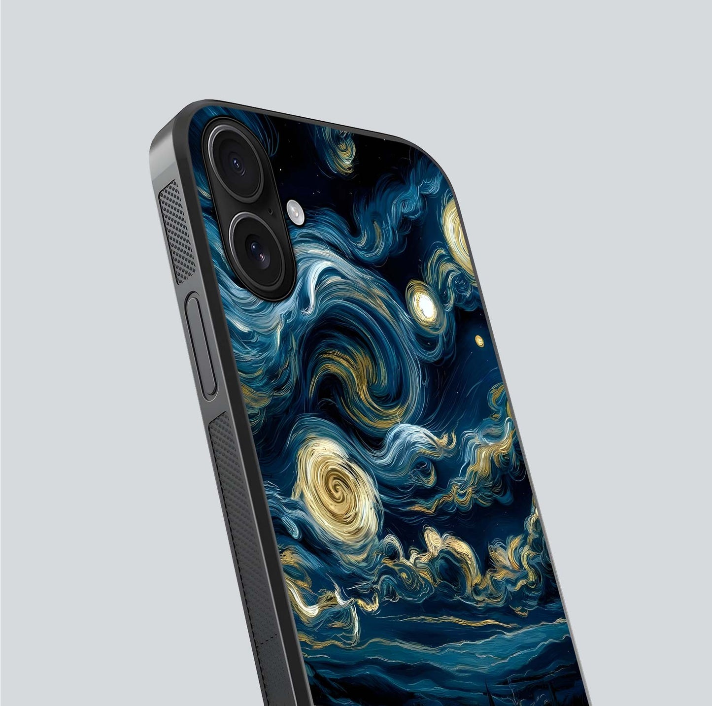 Midnight Sky Whirl Glass Case for iPhone 16 close-up angle showing spiral design and HD gloss reflection