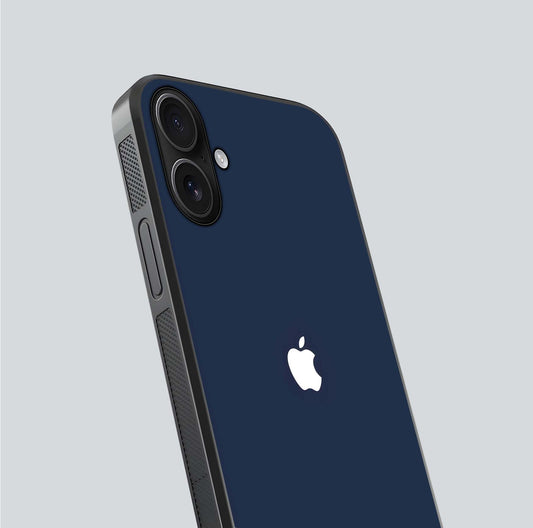 Minimal Apple Night Glass Case for iPhone 16 close-up angled shot showing clean reflection and soft tone