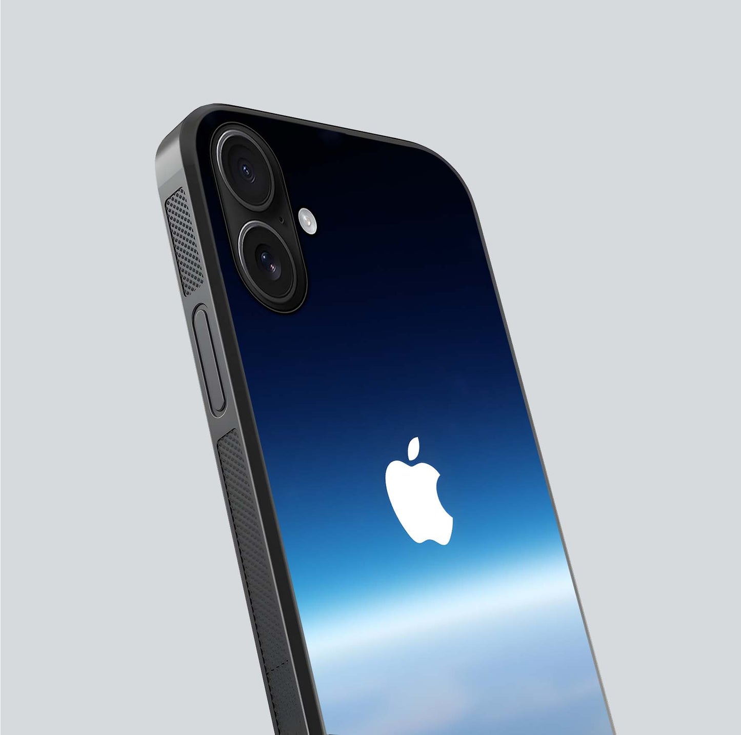 Minimal Apple Sky Glass Case for iPhone 16 close-up angled shot showing pastel blue hues and reflection