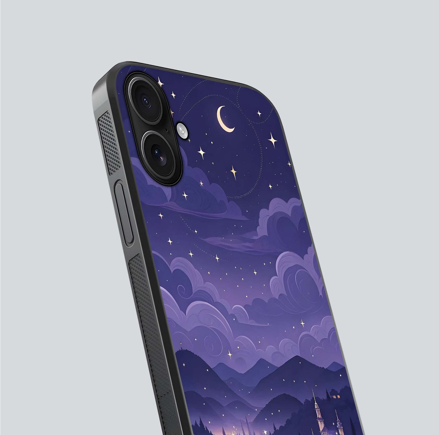 Minimal Night View Glass Case for iPhone 16 close-up angled shot showing lights reflection and dark tone details