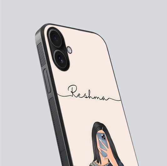 Mirror Mood Muse Custom Name Glass Case for iPhone 16 close-up angled shot highlighting gloss and mirror depth