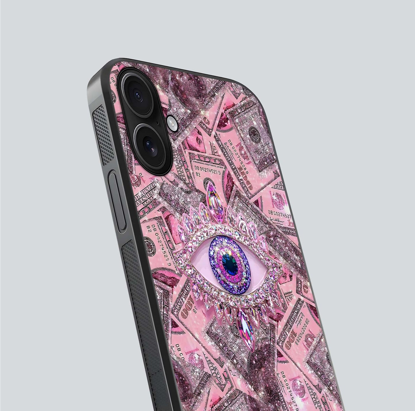 Money Eye Luxe Glass Case for iPhone 16 close-up angled shot showing gold detailing and reflection shine