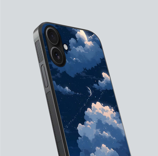 Moon Dream Haze Glass Case for iPhone 16 close-up angled shot showing moon reflection and subtle glow