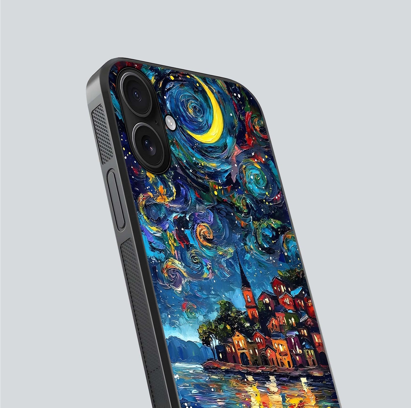 Moonlight Harbor Glow Glass Case for iPhone 16 close-up angled shot showing reflection and moonlight glow