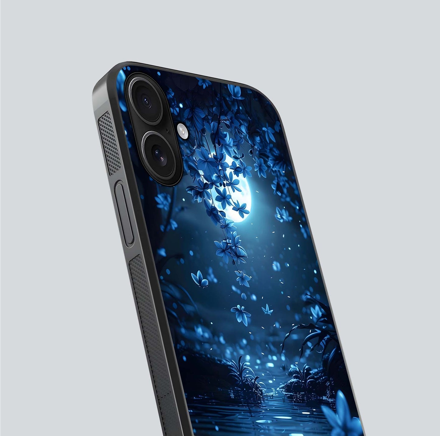 Moonlight Petal Dream Glass Case for iPhone 16 close-up angled shot showing petal reflection and glow texture