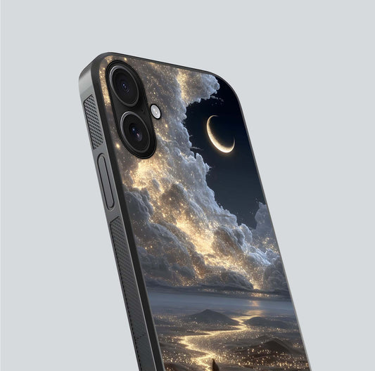 Moonlight Spark Path Glass Case for iPhone 16 close-up angled shot showing glowing stars and reflection