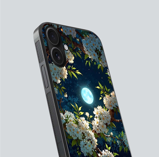 Moonlit Blossom Dream Glass Case for iPhone 16 close-up angled shot showing glowing petals and reflection
