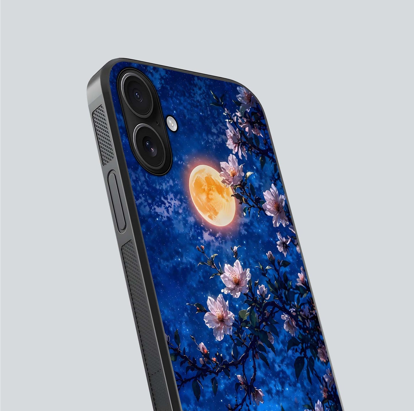 Moonlit Blossoms Night Glass Case for iPhone 16 close-up angled shot showing petal glow and reflection detail