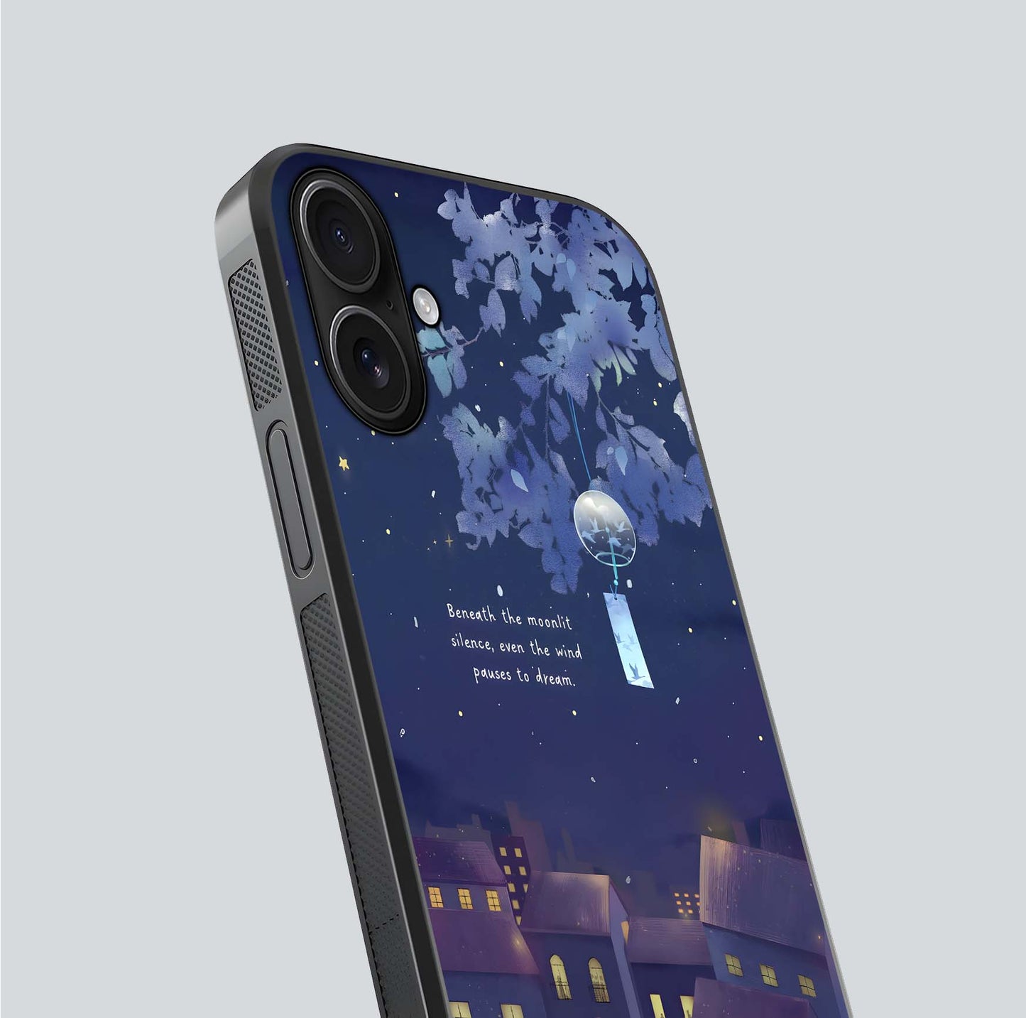 Moonlit Cat Silence Glass Case for iPhone 16 close-up angled shot showing soft glow and reflection texture