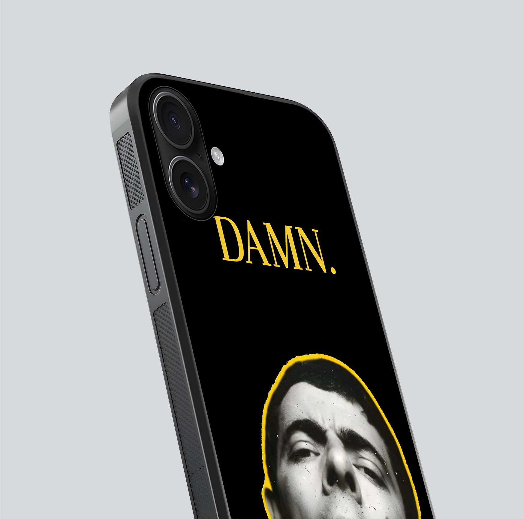 Mr Bean Damn Glass Case for iPhone 16 close-up angled shot highlighting comic expression and shine detail