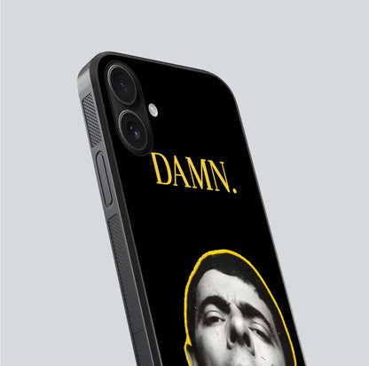 Mr Bean Damn Glass Case for iPhone 16 close-up angled shot highlighting comic expression and shine detail