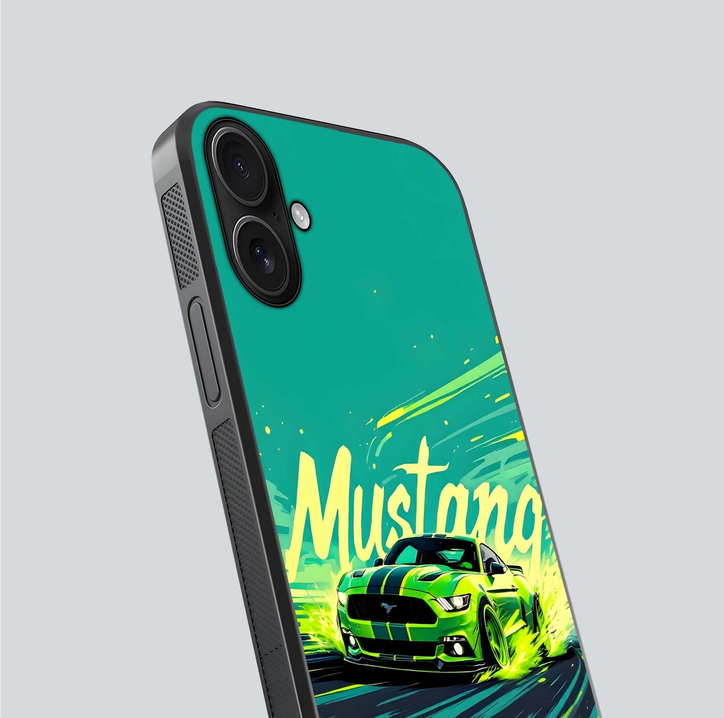 Mustang Bang Glass Case for iPhone 16 close-up angled shot showing car emblem and HD reflection