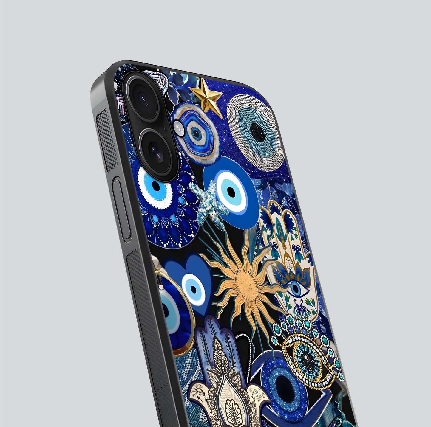 Mystic Blue Evil Eye Glass Case for iPhone 16 close-up angled shot highlighting mystical glow and HD reflection