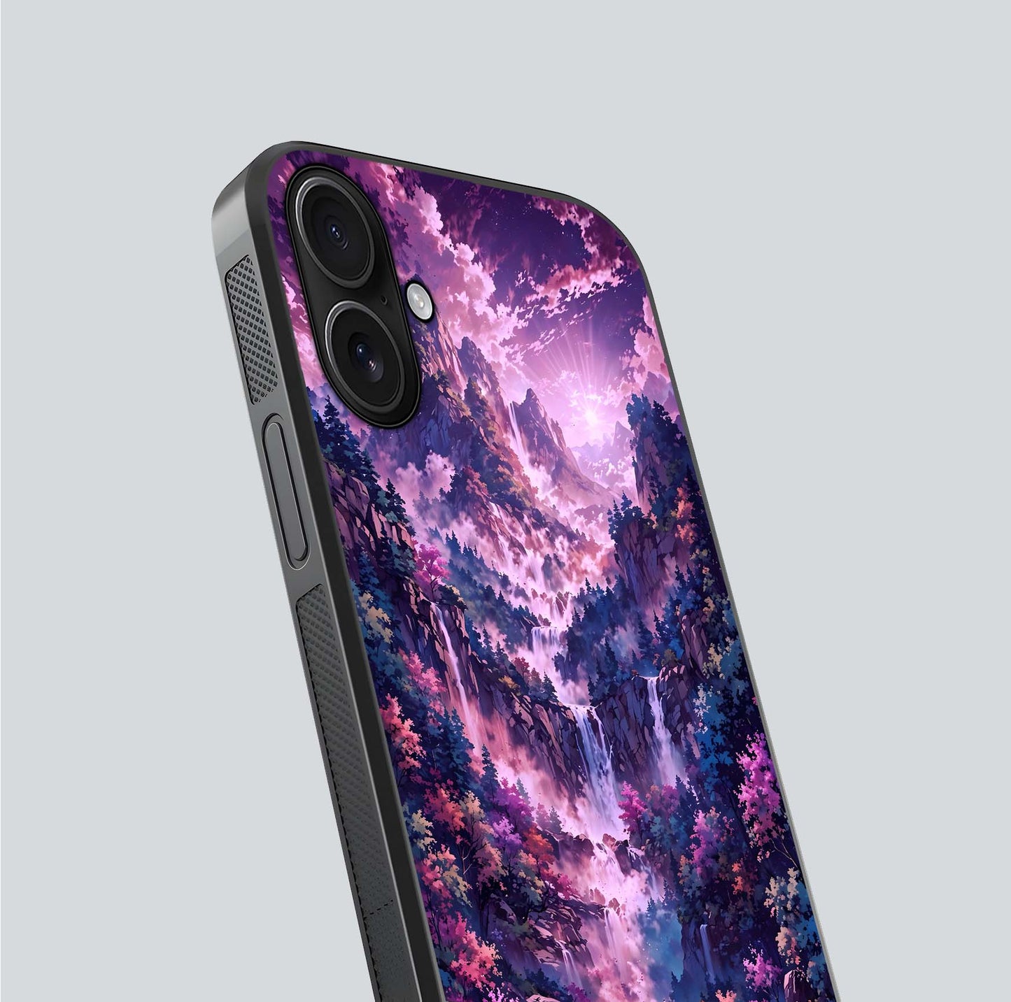 Mystic Cascade Peaks Glass Case for iPhone 16 close-up angled shot showing peak reflections and color gradient