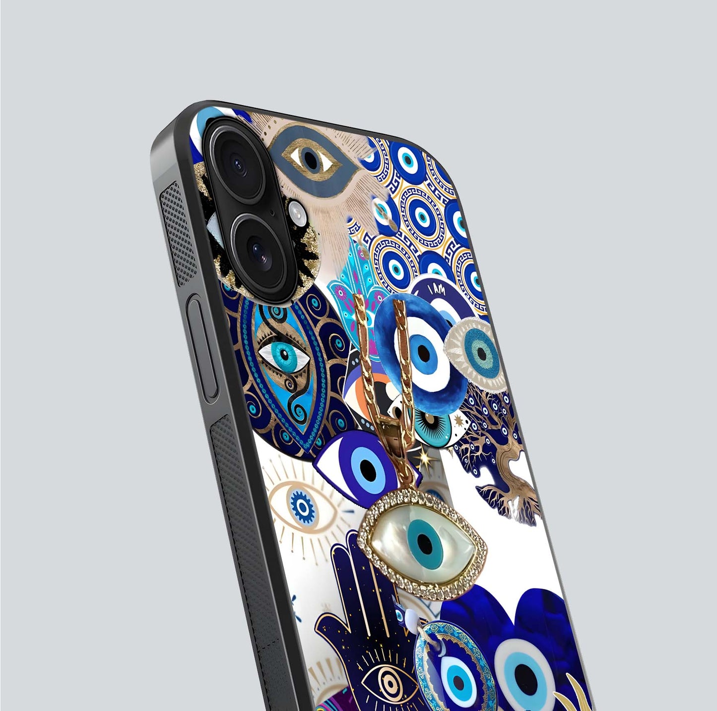 Mystic Charm Eye Glass Case for iPhone 16 close-up angled shot showing detailed eye art and reflection