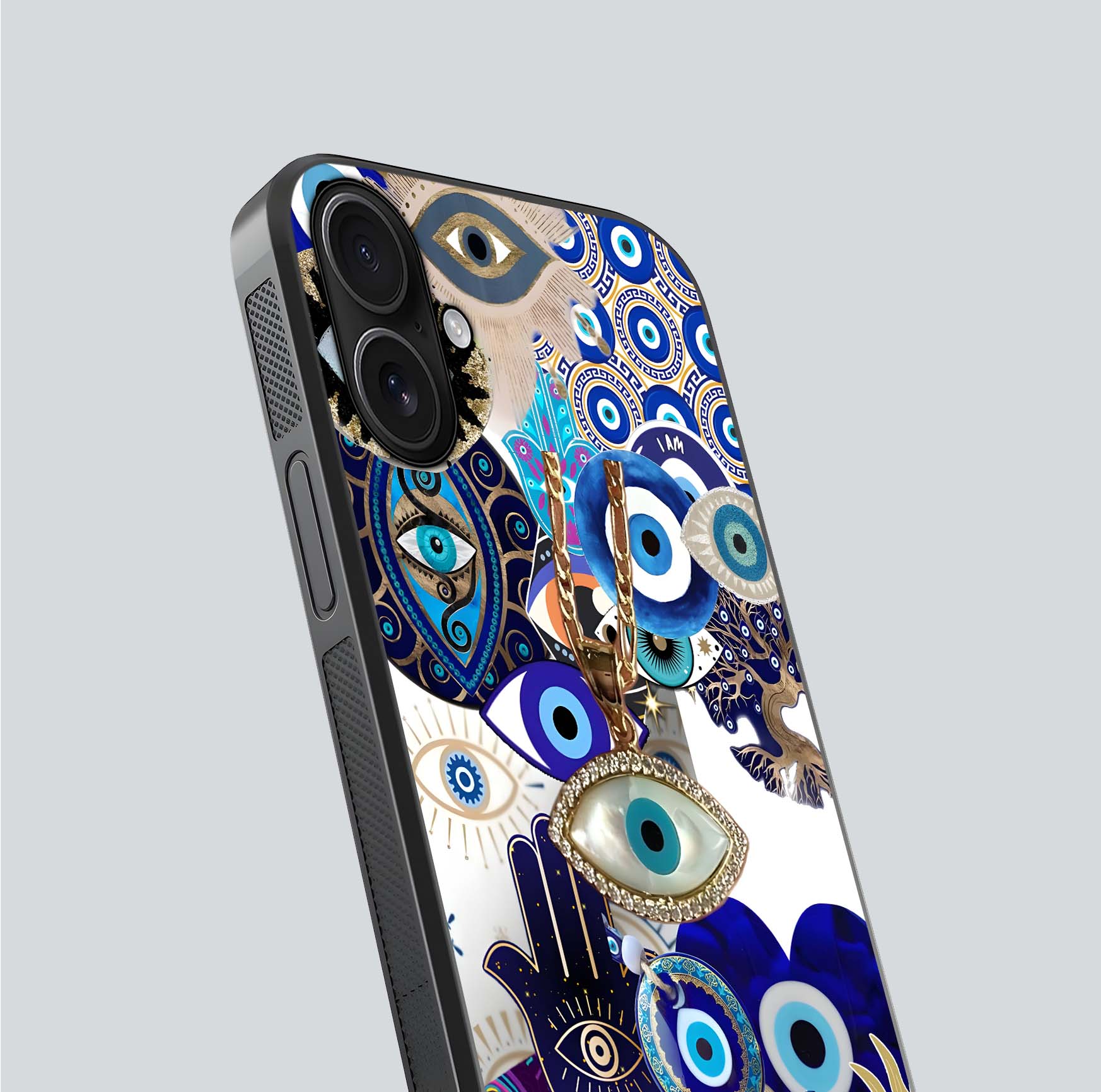 Mystic Charm Eye Glass Case for iPhone 16 close-up angled shot showing detailed eye art and reflection