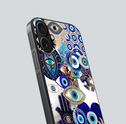 Mystic Charm Eye Glass Case for iPhone 16 close-up angled shot showing detailed eye art and reflection