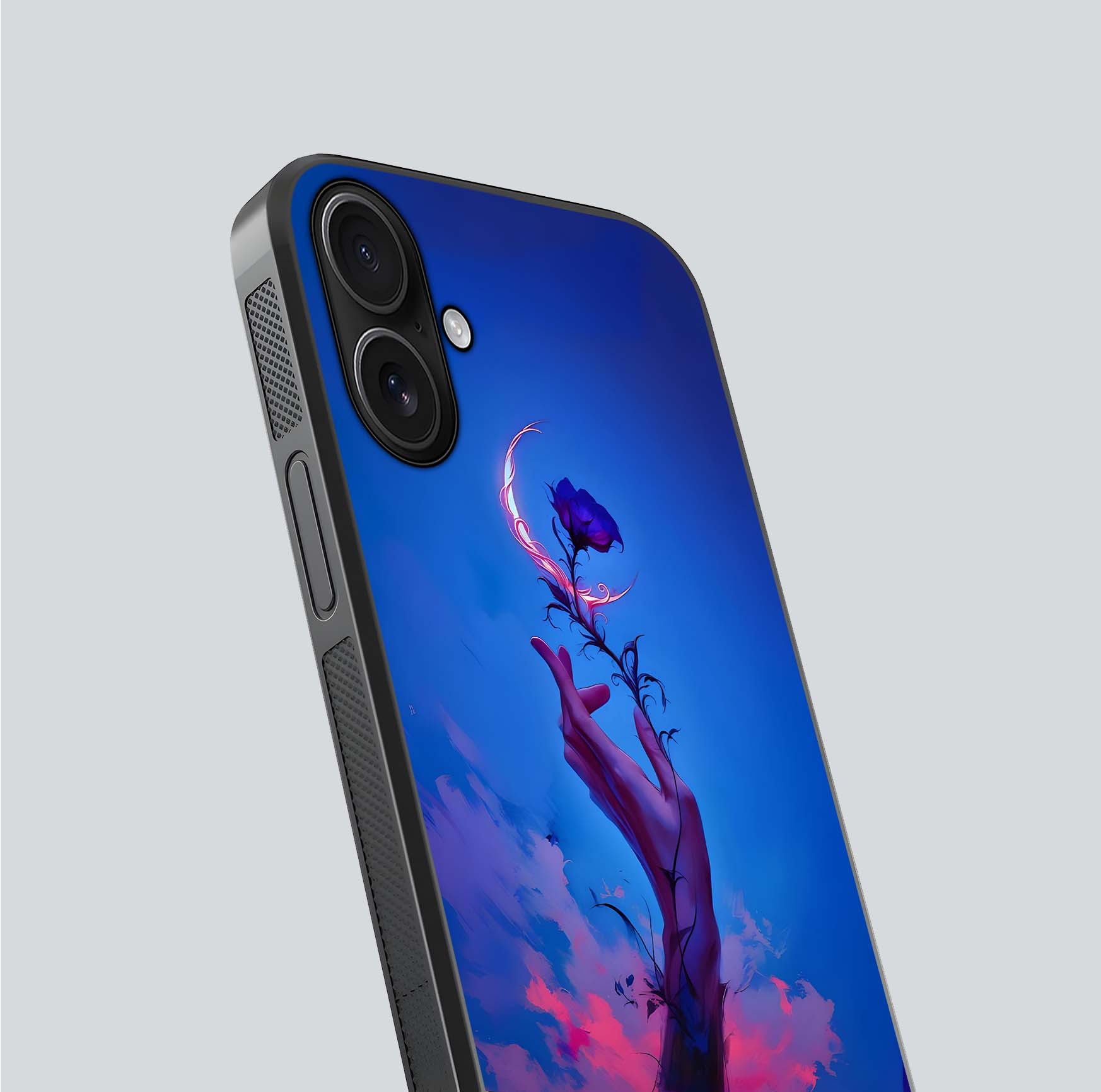 Mystic Hand Glass Case for iPhone 16 close-up angled shot showing spiritual markings and reflection