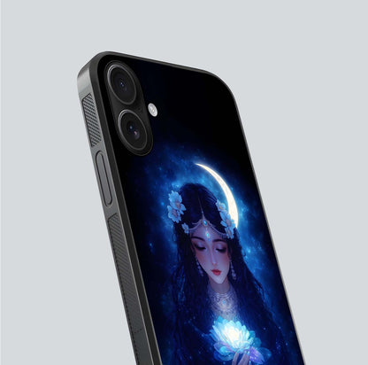 Mystic Moon Queen Glass Case for iPhone 16 close-up angled shot showing shine and lunar tones