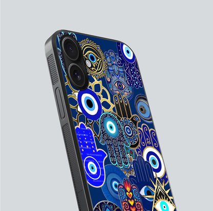 Mystic Palm Guard Glass Case for iPhone 16 close-up angled shot showing eye symbol and fine texture