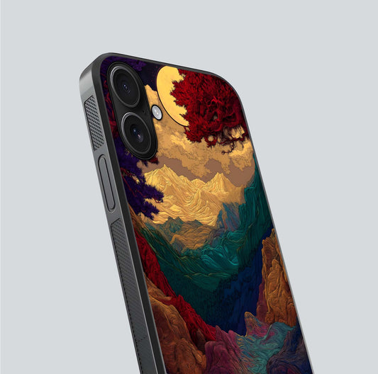 Mystic Valley Light Glass Case for iPhone 16 close-up angled shot highlighting gradient sky and reflection
