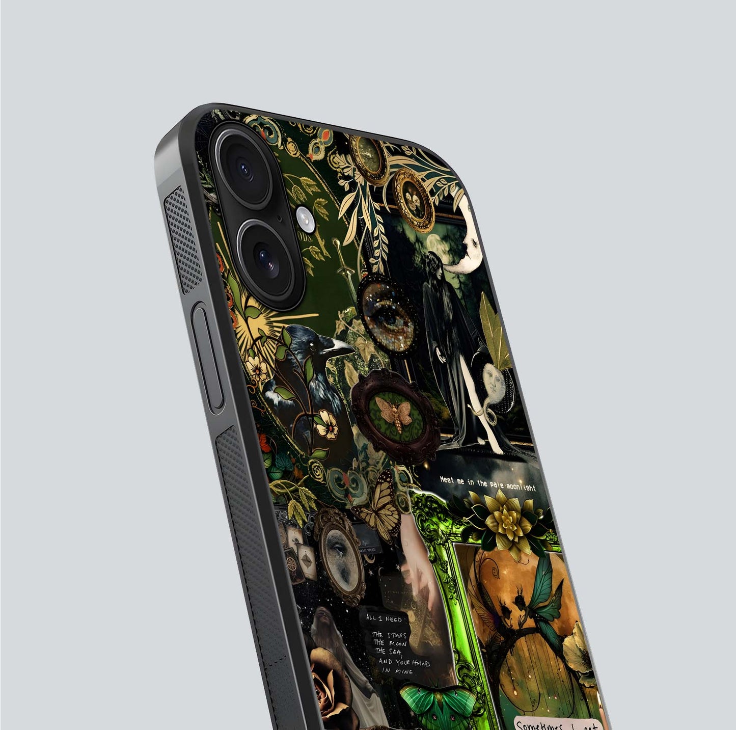 Mystic Woods Secret Glass Case for iPhone 16 close-up angled shot highlighting tree texture and reflection